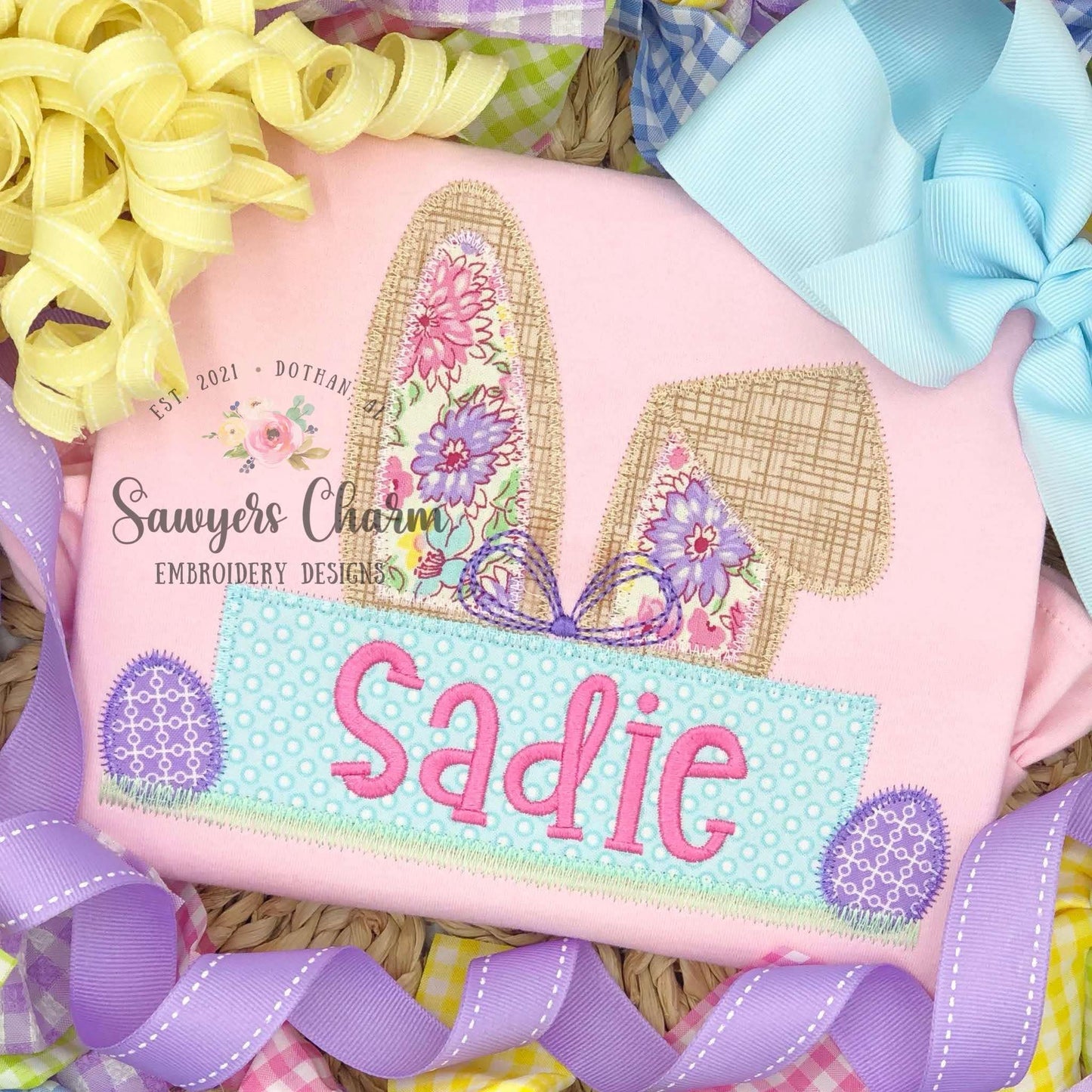 Easter bunny ears nameplate & eggs zig zag stitch applique BUNDLE, machine embroidery design, with/without coquette