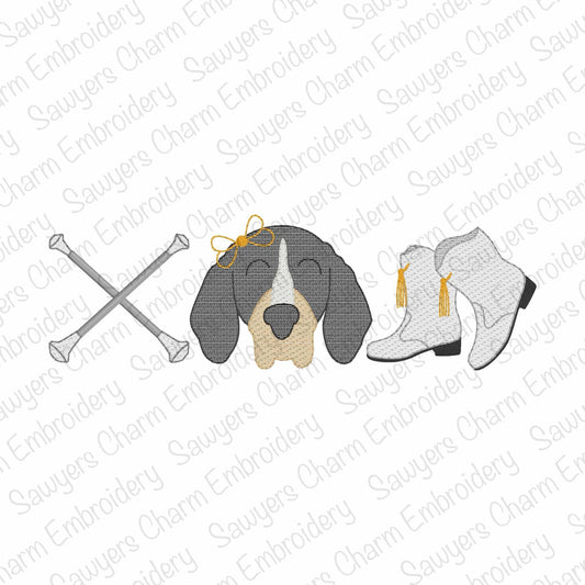 Hound dog mascot majorette boots sketch stitch trio, machine embroidery design, quick stitch, coquette bow, cheerleading fan, dance, baton