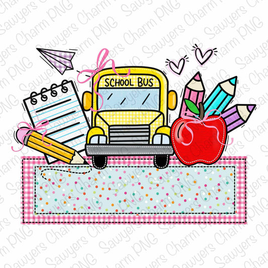 PNG Back to school coquette bow faux applique Printable file, Sublimation/Heat Transfer Design/Digital Clipart, bus, notepad, pencil, apple