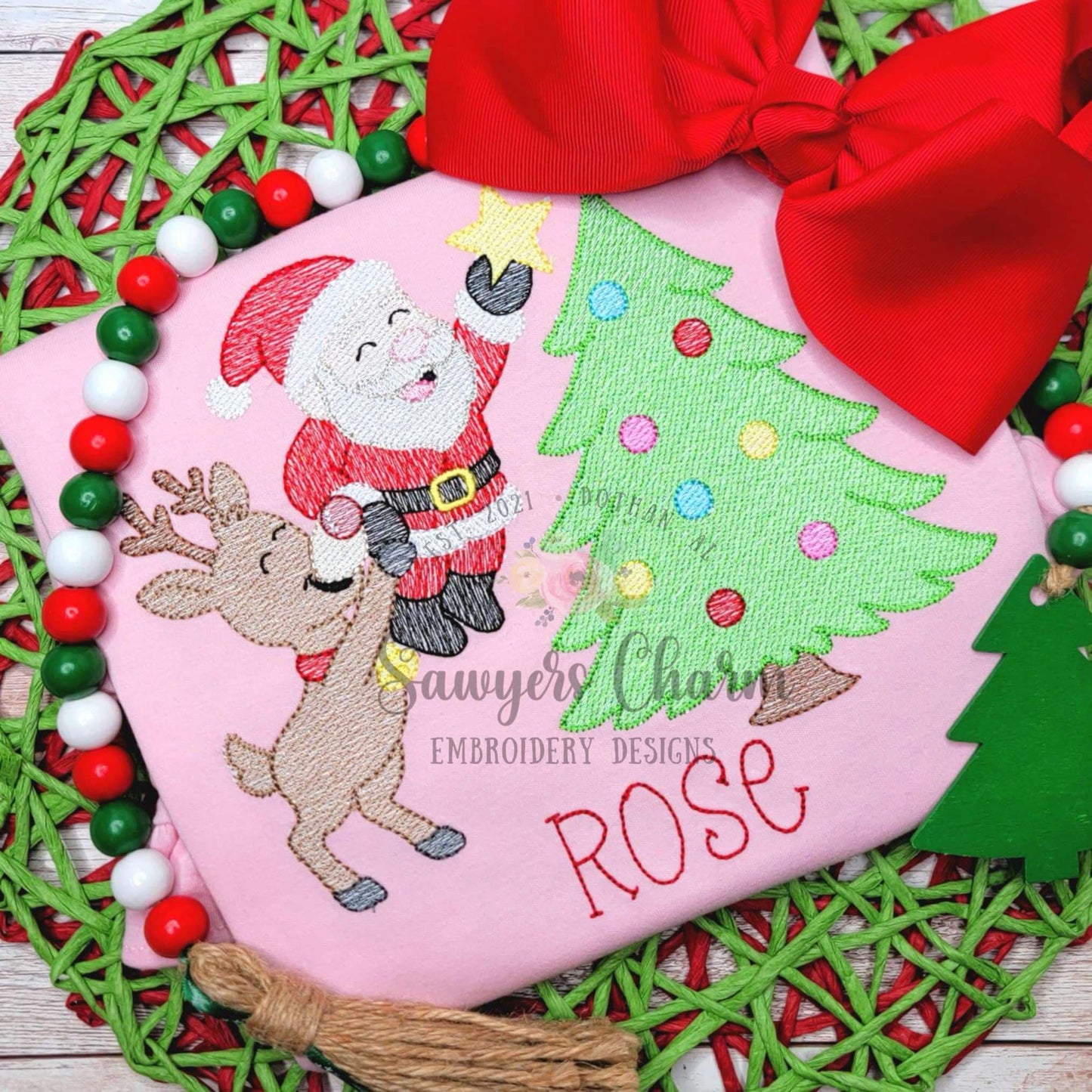 Rudolph helping Santa put star on Christmas tree sketch stitch machine embroidery design, happy holidays, Merry Christmas, ornaments