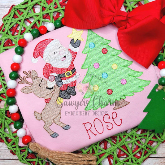Rudolph helping Santa put star on Christmas tree sketch stitch machine embroidery design, happy holidays, Merry Christmas, ornaments