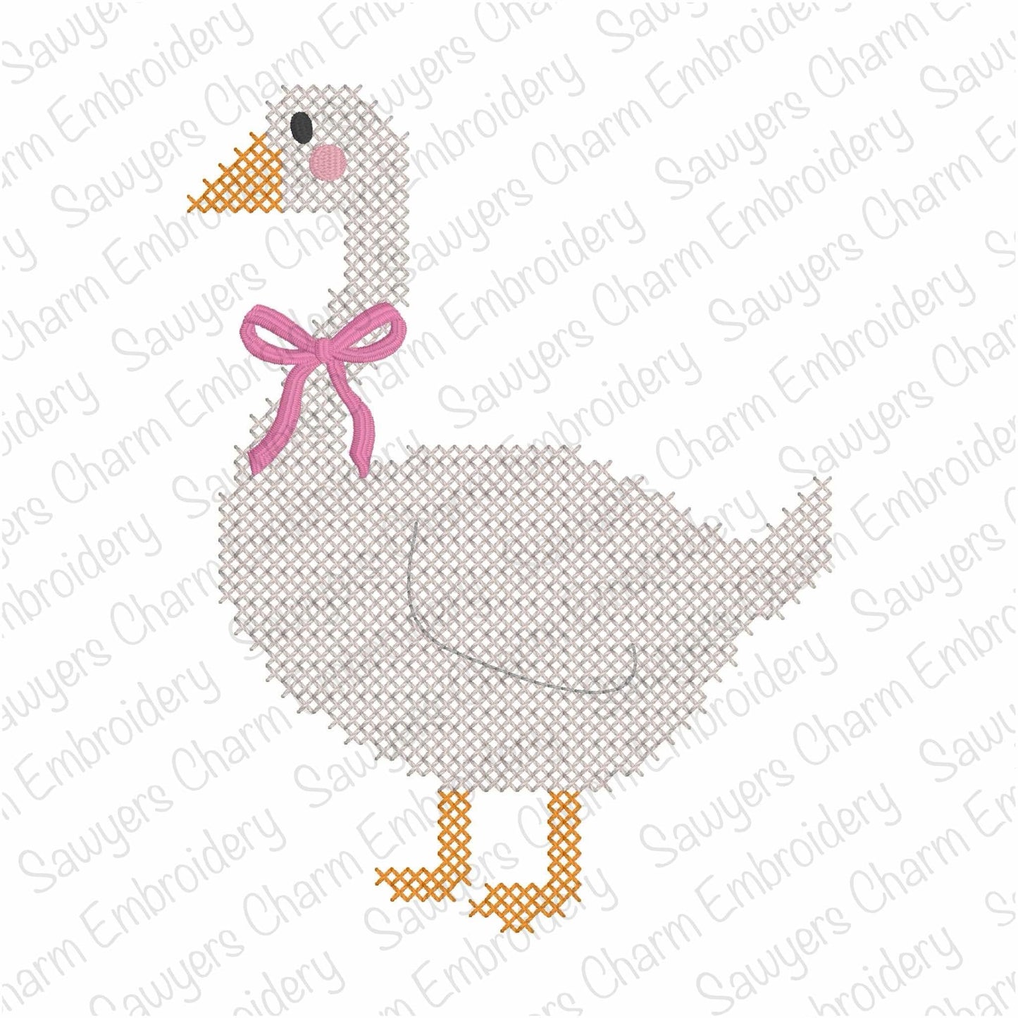 Cross stitch goose with coquette bow machine embroidery design file, spring farm animal, Easter, duck
