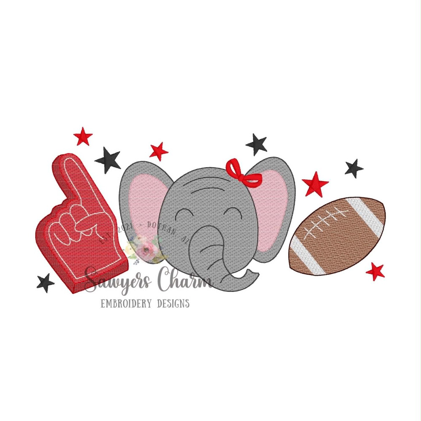 Elephant, foam finger, football trio sketch stitch embroidery design, BUNDLE with/without bow, fall sports mascot with stars