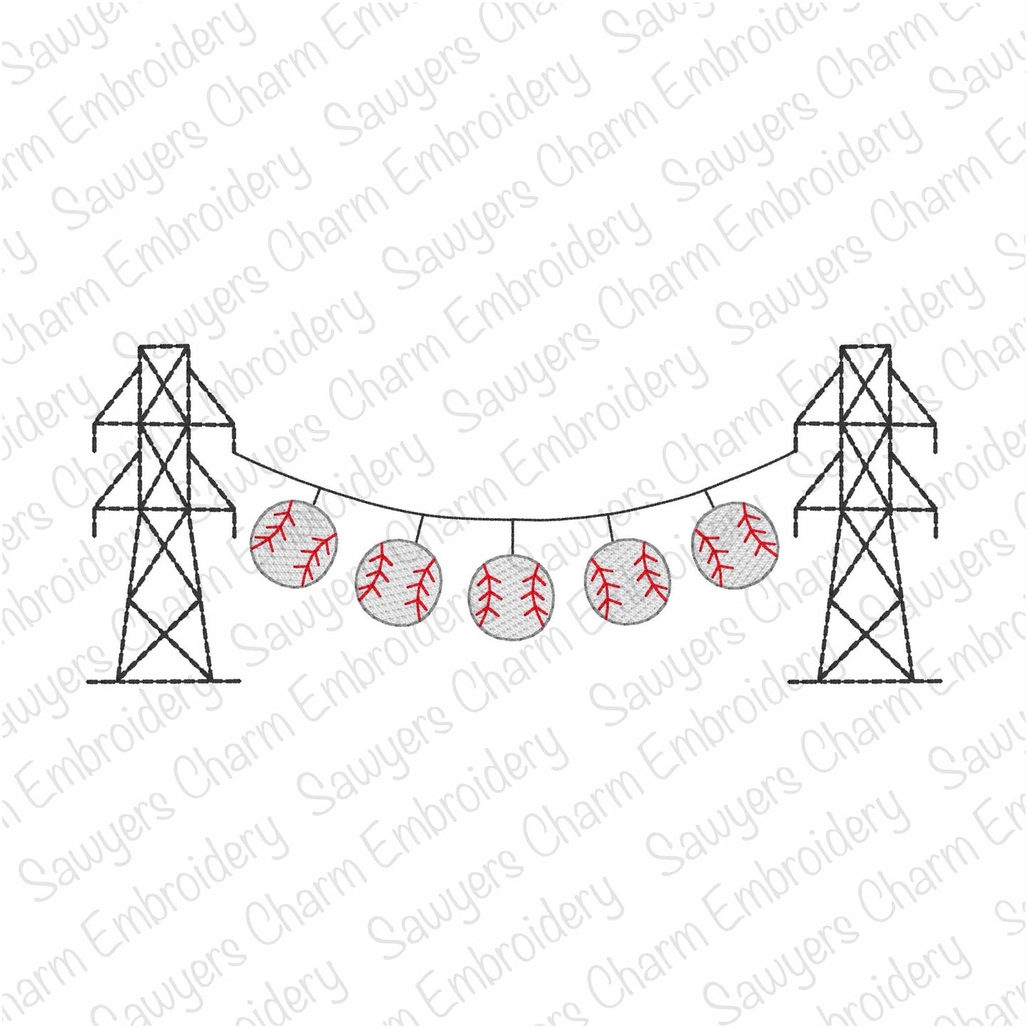 Transmission tower lineman baseballs/softballs bunting banner, sketch stitch machine embroidery design, spring & summer sports, power line