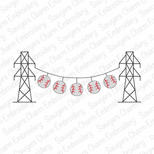 Transmission tower lineman baseballs/softballs bunting banner, sketch stitch machine embroidery design, spring & summer sports, power line