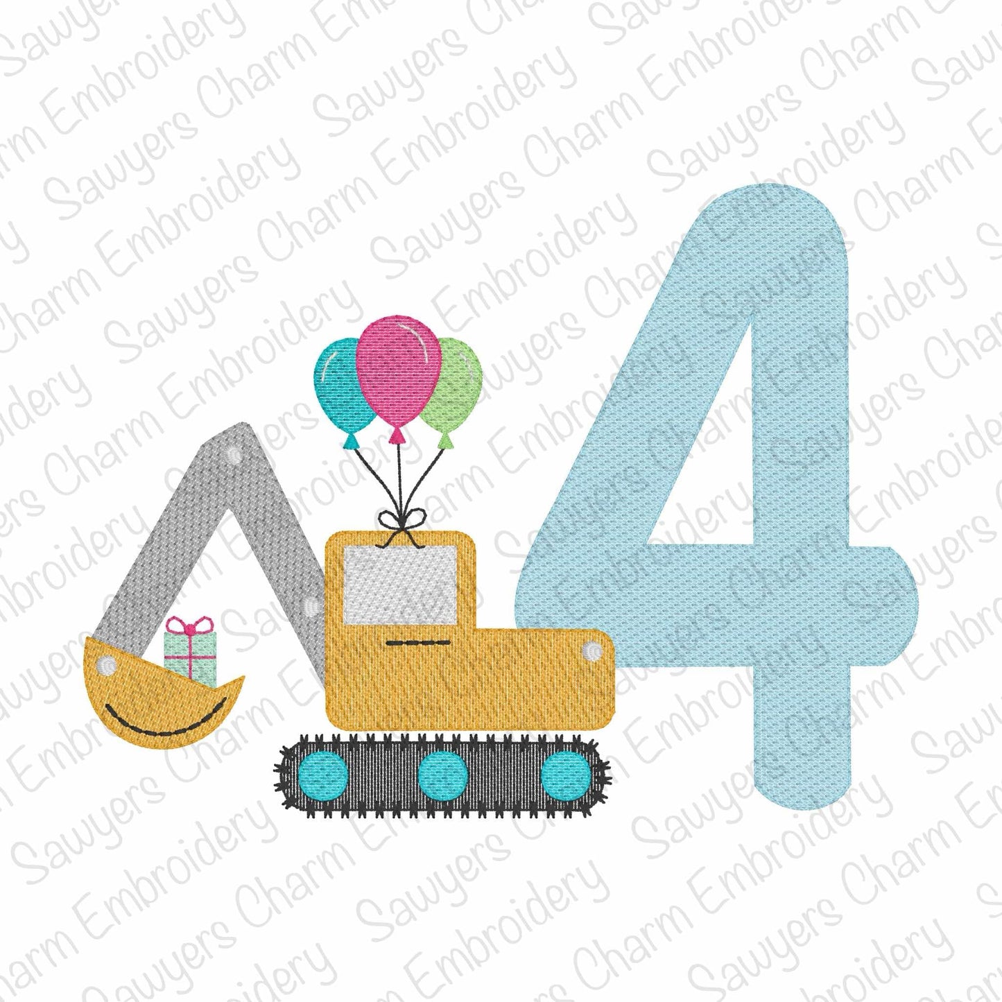 Fourth birthday excavator with balloons & gift/present sketch stitch machine embroidery design, construction, transportation, city vehicle