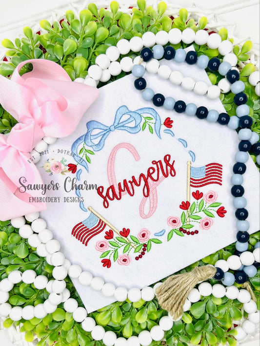 Patriotic floral with coquette bow monogram frame, machine embroidery design, 4th of July, American flags