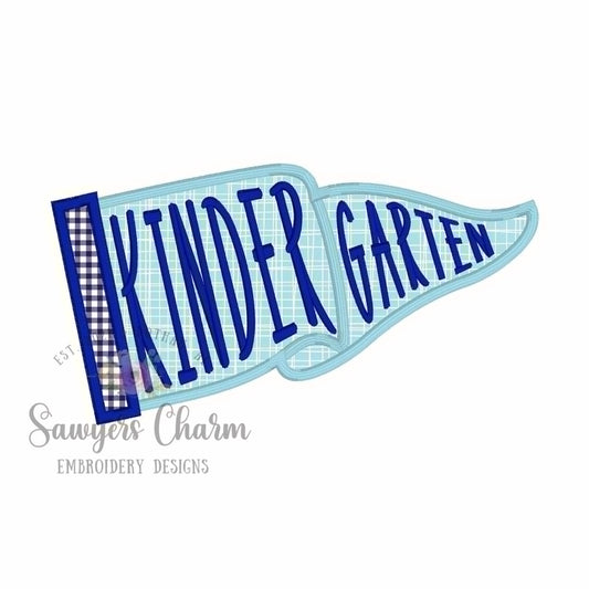 Kindergarten Pennant satin stitch applique, with coquette bow, ITH project, back to school