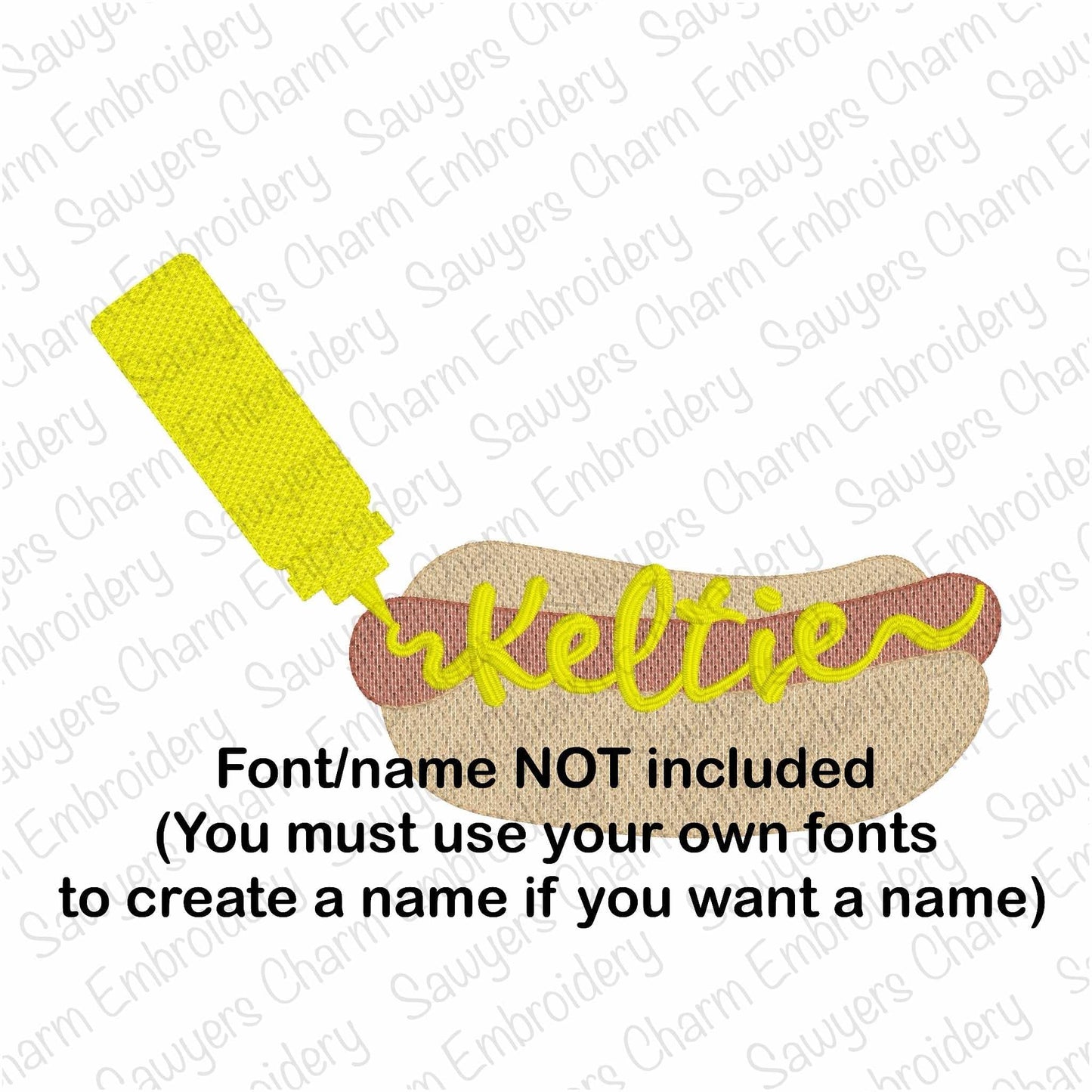 Hot dog and mustard sketch stitch machine embroidery design, ballpark snack, weenie, frank