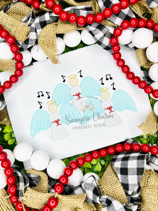 Christmas angels trio sketch stitch machine embroidery design file, bean stitch details, happy holidays, Merry Christmas, quick stitch