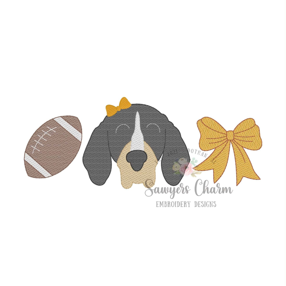 Football, Hound dog, coquette bow trio, sketch stitch embroidery design, fall sports mascot, majorette & cheerleading