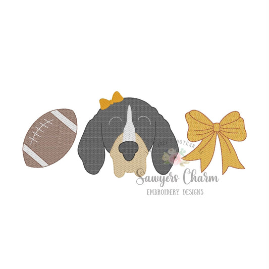 Football, Hound dog, coquette bow trio, sketch stitch embroidery design, fall sports mascot, majorette & cheerleading