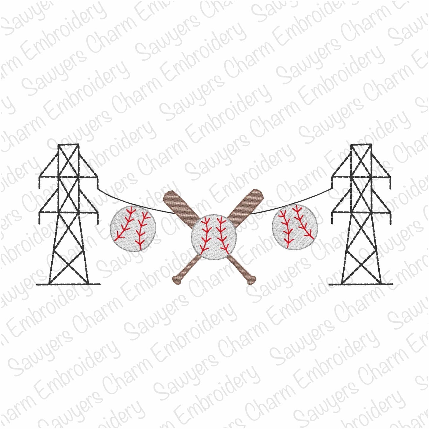 Transmission tower lineman baseballs/softballs bats bunting banner, sketch stitch machine embroidery design, spring sports, power line