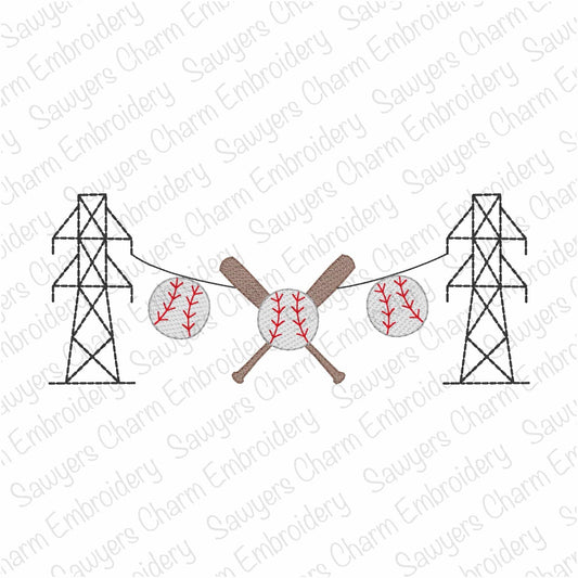 Transmission tower lineman baseballs/softballs bats bunting banner, sketch stitch machine embroidery design, spring sports, power line