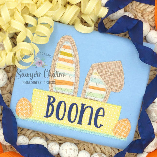 Easter bunny ears nameplate & eggs zig zag stitch applique BUNDLE, machine embroidery design, with/without coquette