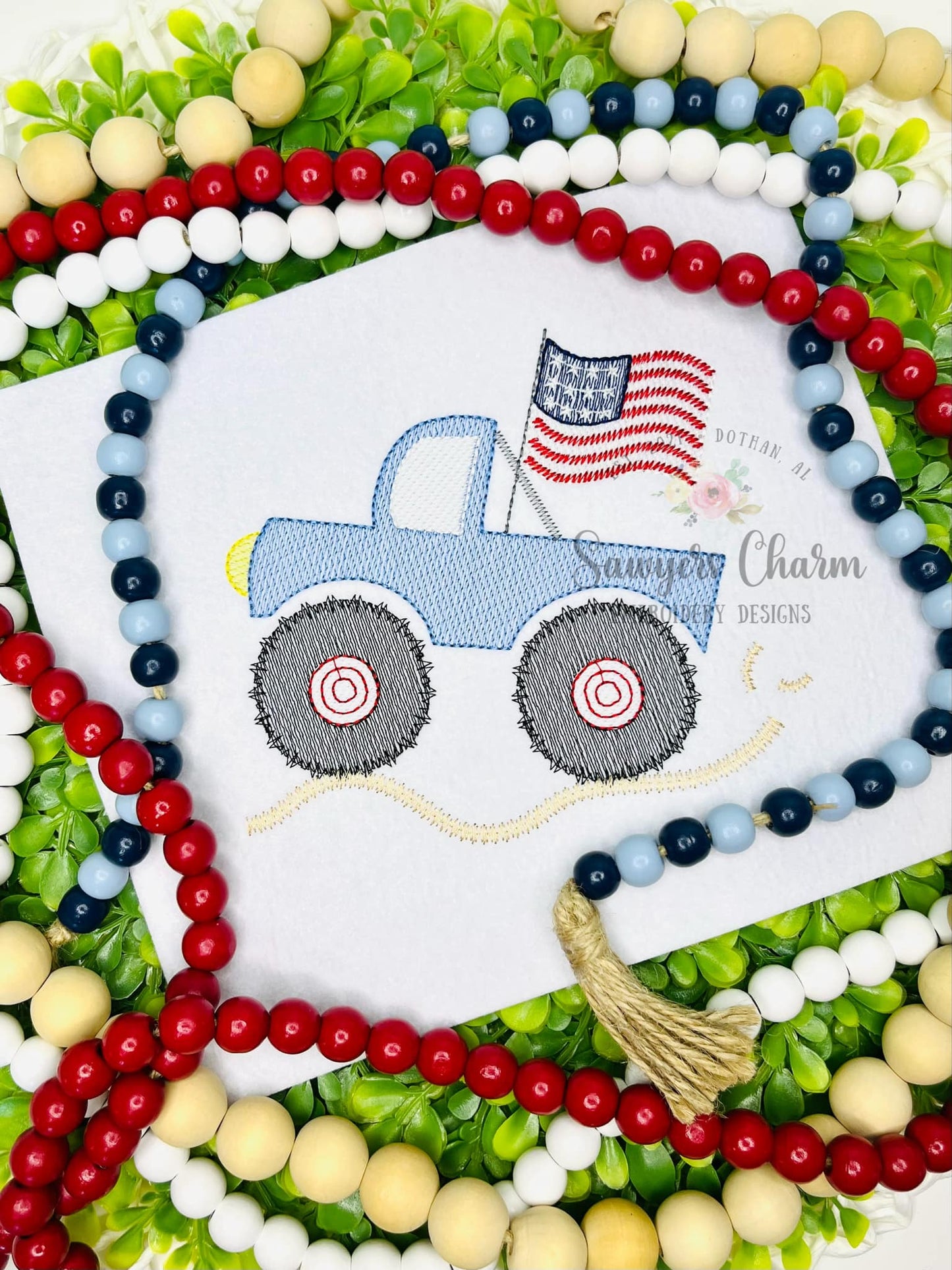 Patriotic Monster truck with American flag sketch stitch, machine embroidery design, transportation, mudding, USA dirt