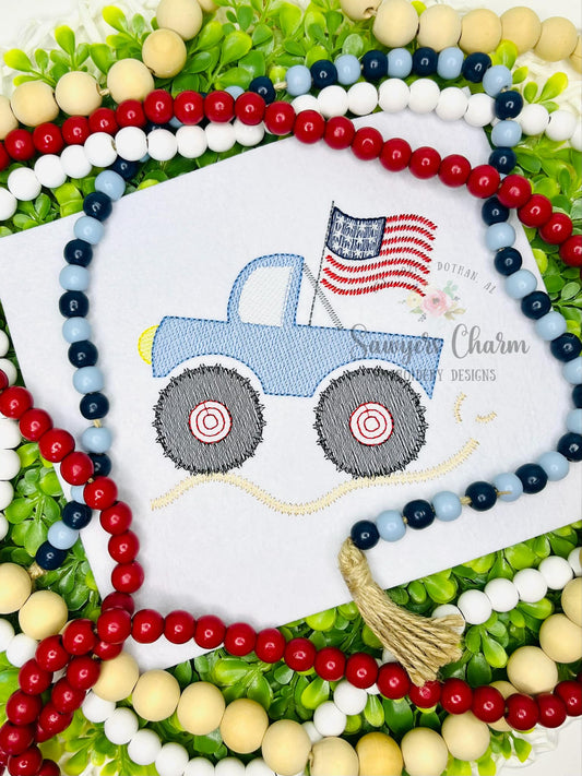 Patriotic Monster truck with American flag sketch stitch, machine embroidery design, transportation, mudding, USA dirt