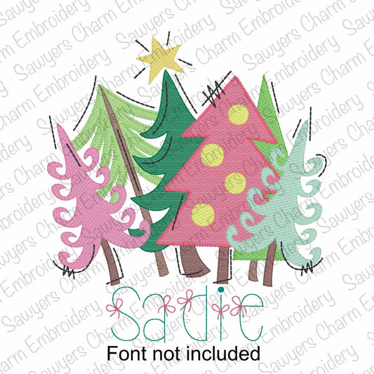 Whimsical, modern, woodland trees with star light fill sketch stitch machine embroidery design, happy holidays, Merry Christmas, coquette