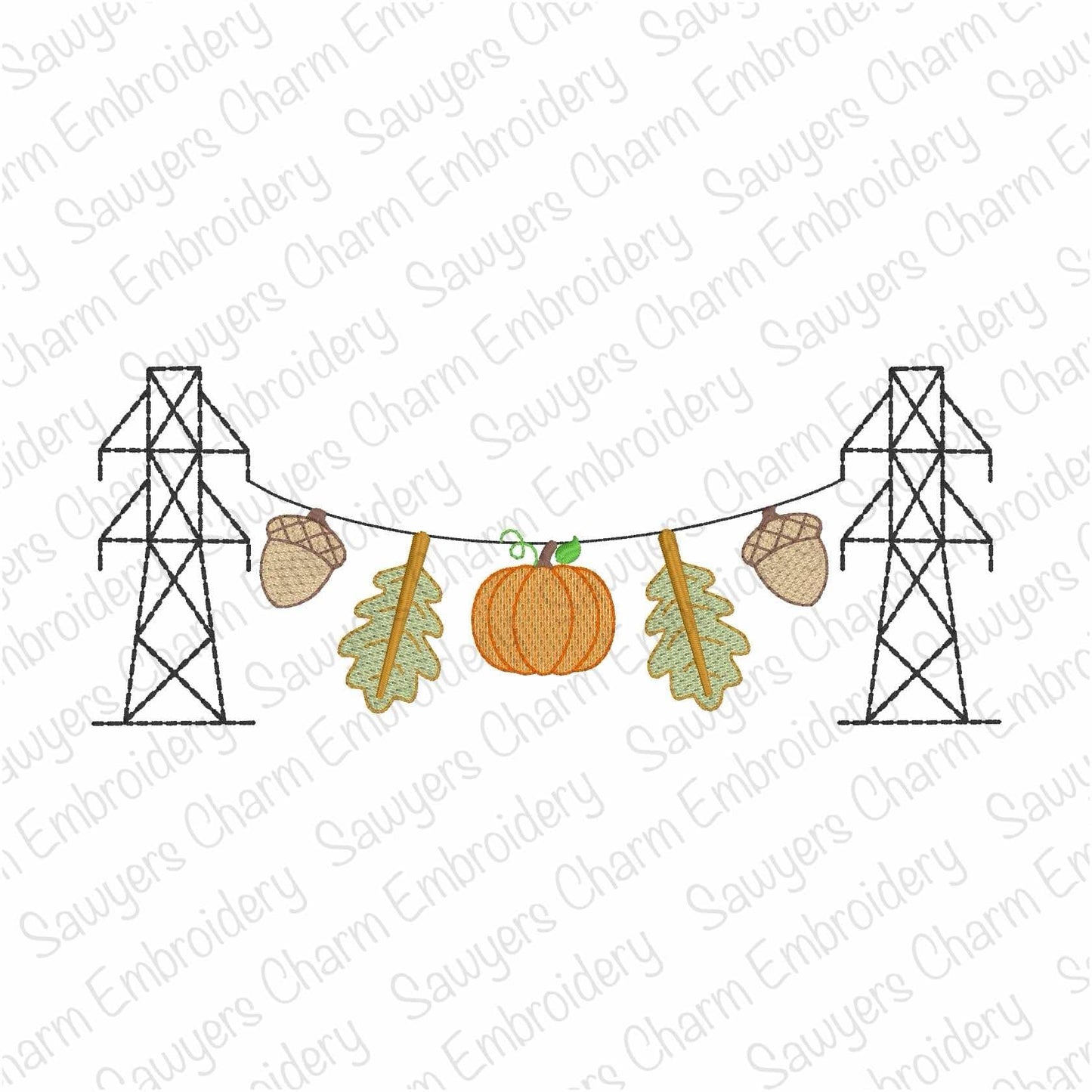 Transmission tower lineman fall leaves bunting banner, sketch stitch machine embroidery design, acorns, pumpkin, power line