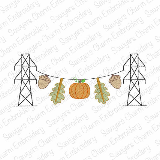Transmission tower lineman fall leaves bunting banner, sketch stitch machine embroidery design, acorns, pumpkin, power line
