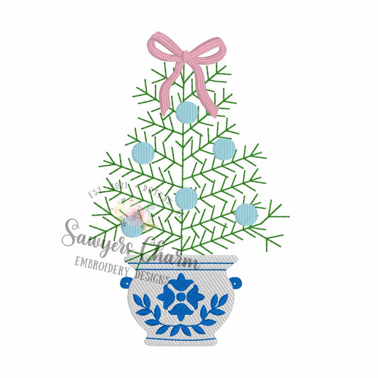 Christmas tree in delft pot stitch machine embroidery design file, filled stitch, bean stitch details, coquette bow