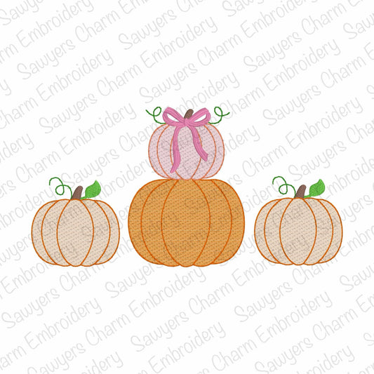 Stacked pumpkins trio with coquette bow, sketch stitch embroidery design file, fall, halloween, pumpkin patch, little girl, quick stitch