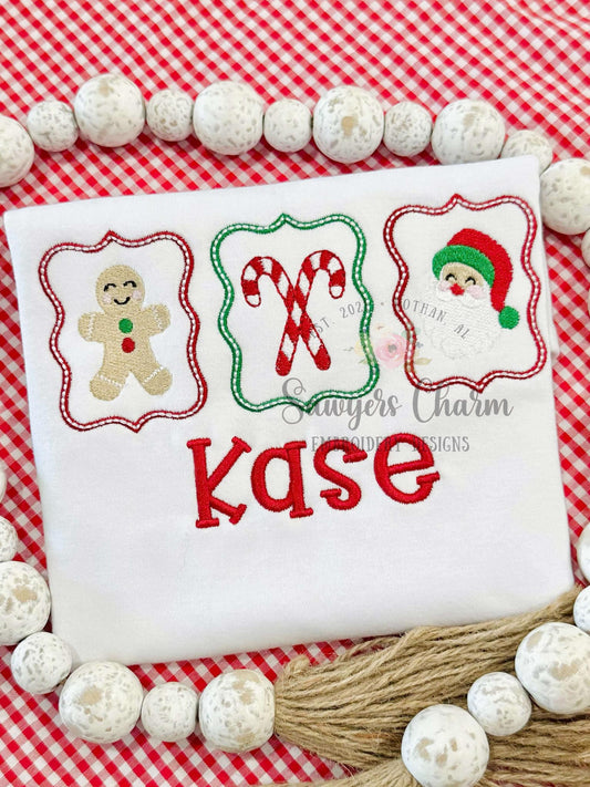 Christmas frames trio satin stitch machine embroidery design file, happy holidays, Gingerbread cookie, candy canes, Santa Claus mini fill
