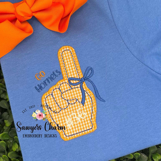 Foam finger with coquette bow machine applique embroidery design BUNDLE, zig zag and bean stitch, fall sports, number one fan, cheerleader