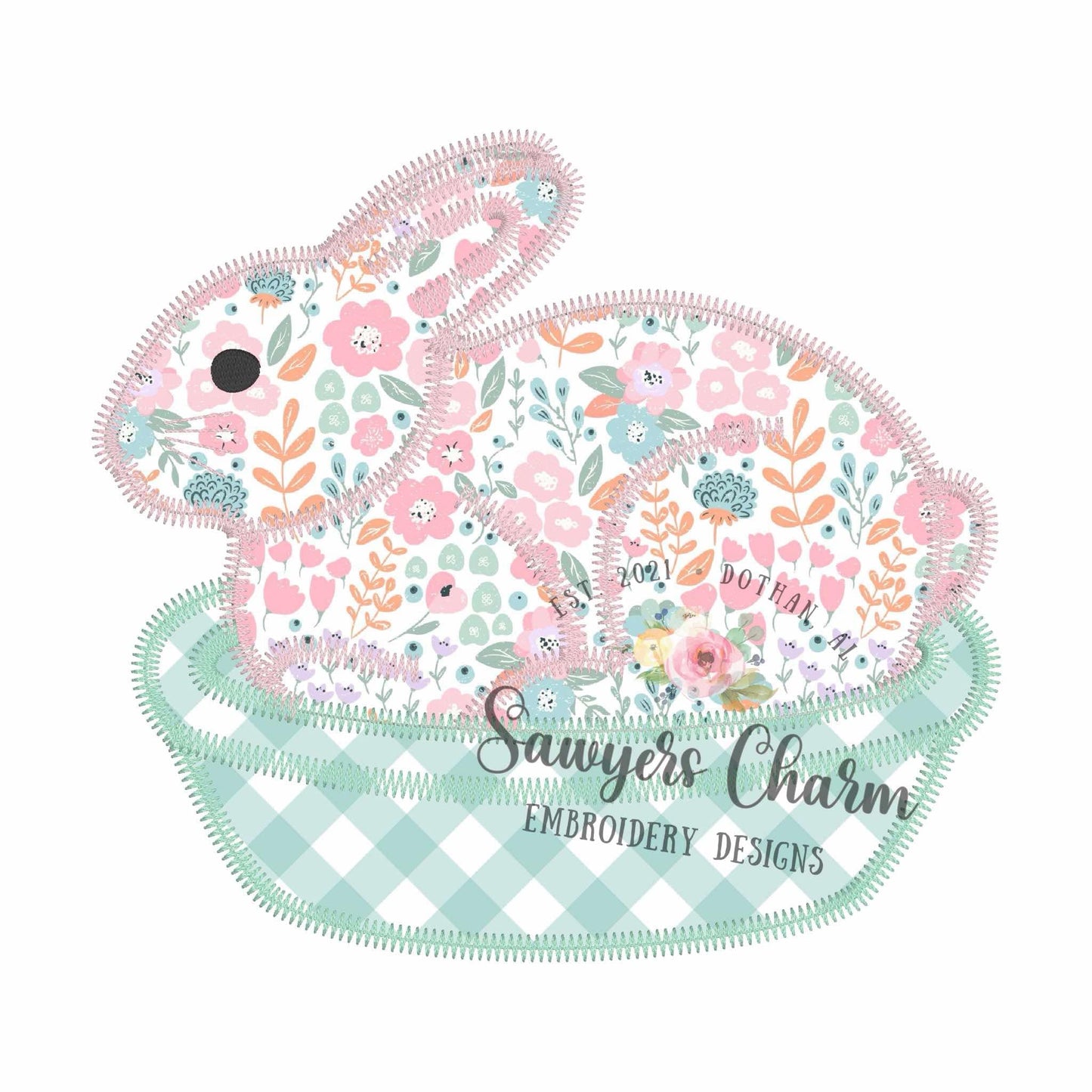 Bunny rabbit on nest zig zag stitch machine applique embroidery design, Vintage Easter