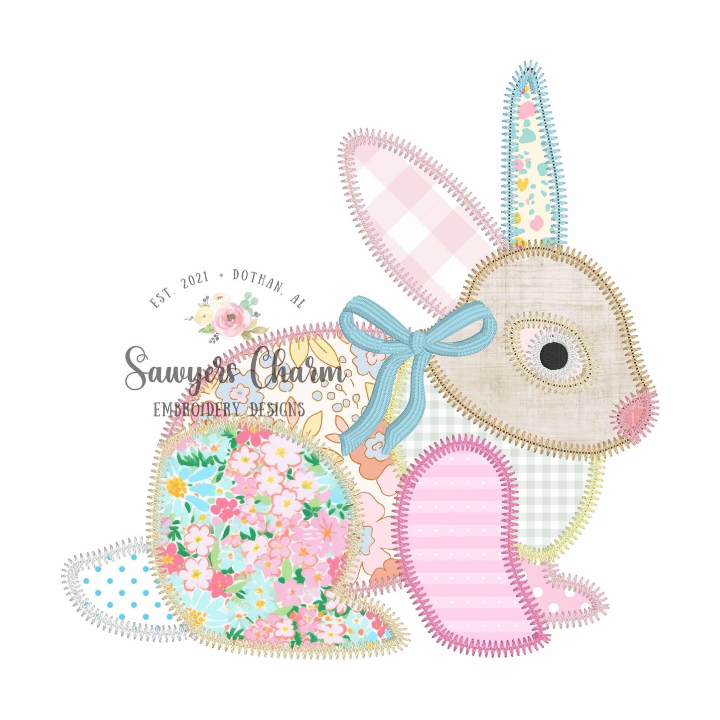 BUNDLE Patchwork bunny rabbit zig zag stitch machine applique embroidery design, with/without coquette bow, Vintage Easter