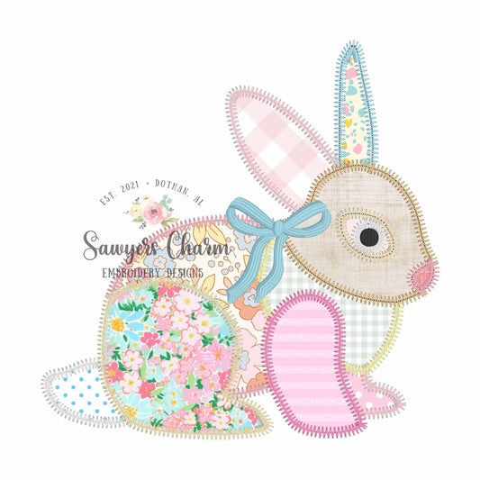 BUNDLE Patchwork bunny rabbit zig zag stitch machine applique embroidery design, with/without coquette bow, Vintage Easter
