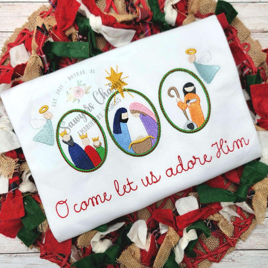 Nativity scene with angels & bethlehem star oval frame trio, fill stitch machine embroidery design, holidays, Christmas, Baby Jesus, wisemen