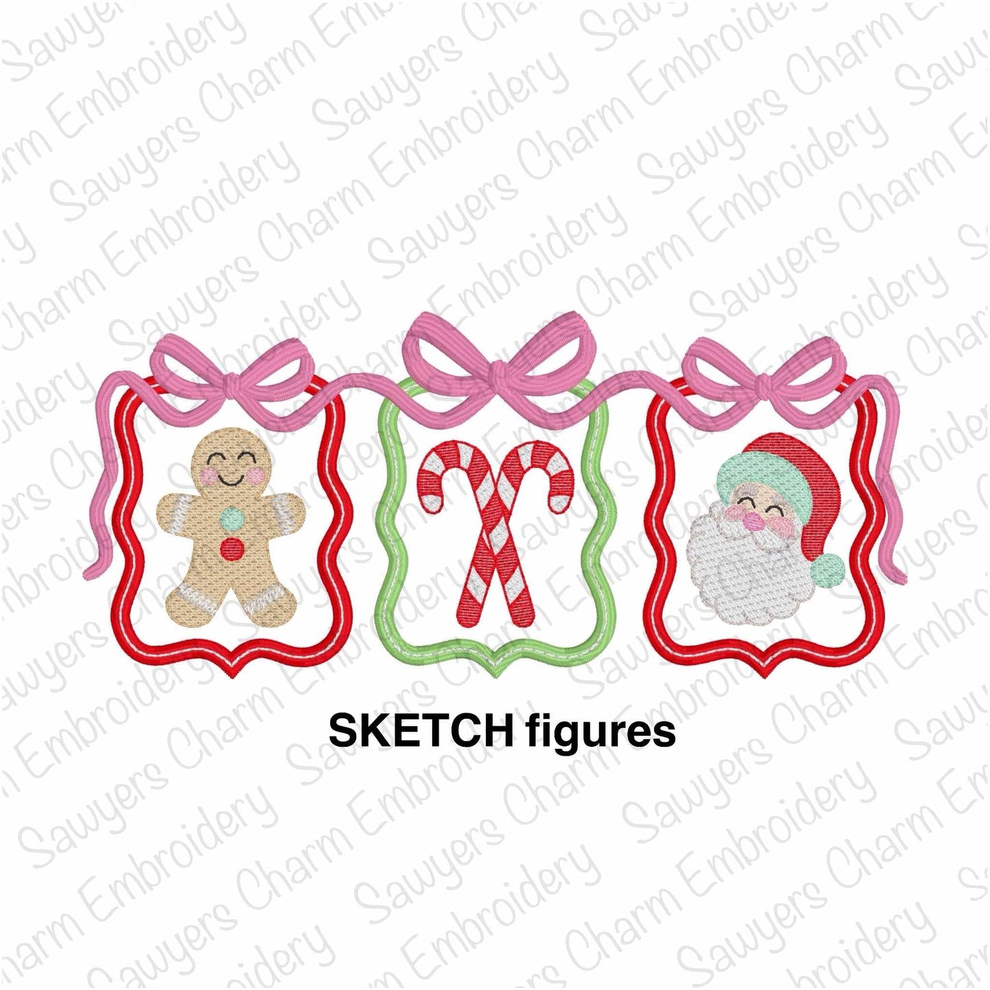 Coquette Bows Christmas frames trio SKETCH stitch figures, machine embroidery design, Gingerbread, candy canes, Santa Claus, happy holidays