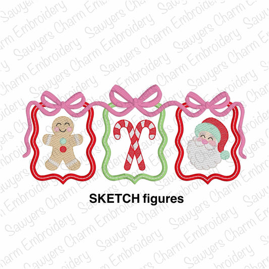 Coquette Bows Christmas frames trio SKETCH stitch figures, machine embroidery design, Gingerbread, candy canes, Santa Claus, happy holidays
