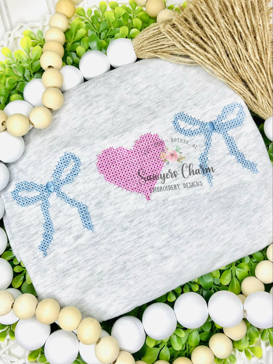 Cross stitch coquette bows & heart trio machine embroidery design file, Valentine's day, vintage stitch