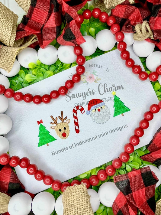 BUNDLE Christmas mini fill designs machine embroidery file, reindeer, Santa Claus, candy cane, tree with bow & star, happy holiday, monogram