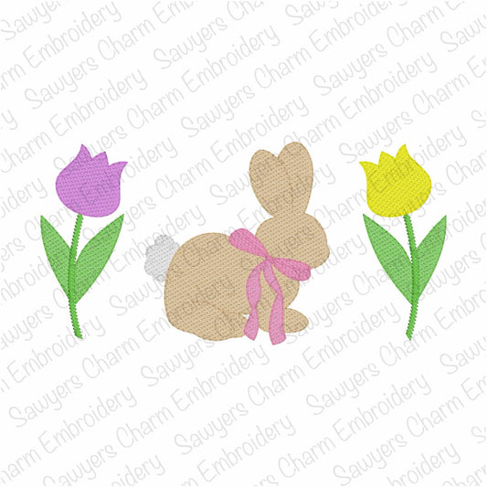 Bunny rabbit with coquette bow and tulips trio, sketch stitch machine embroidery design, Easter & spring