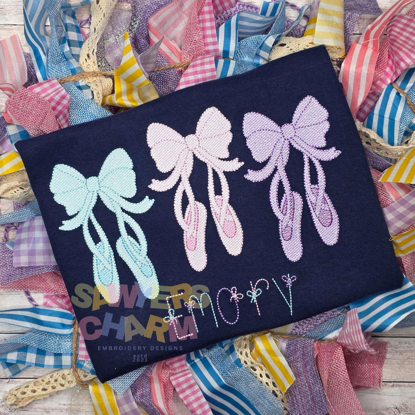 Ballet slippers with bows trio, sketch stitch machine embroidery design, quick stitch, coquette, ballerina pointe shoes, dance, ribbons