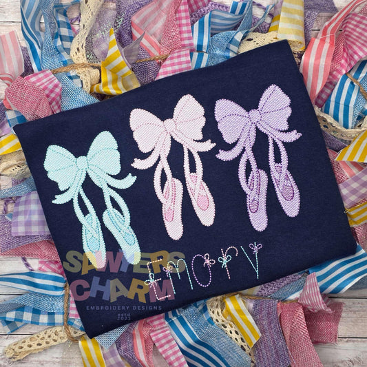Ballet slippers with bows trio, sketch stitch machine embroidery design, quick stitch, coquette, ballerina pointe shoes, dance, ribbons