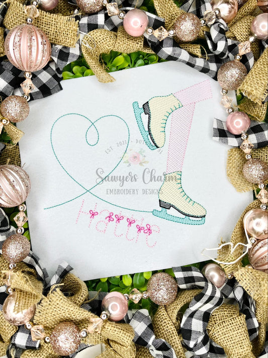 Ice skating sketch stitch machine embroidery design file, bean stitch, quick stitch, winter wonderland, heart, love, ice skates, snowing