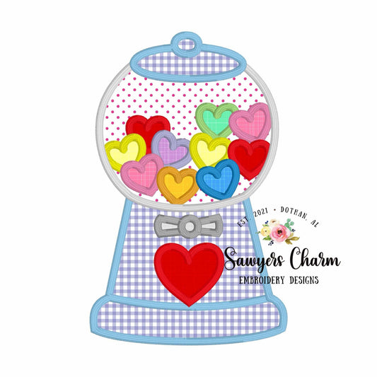 Heart gumball machine satin stitch machine applique, embroidery design, Valentine's Day candy