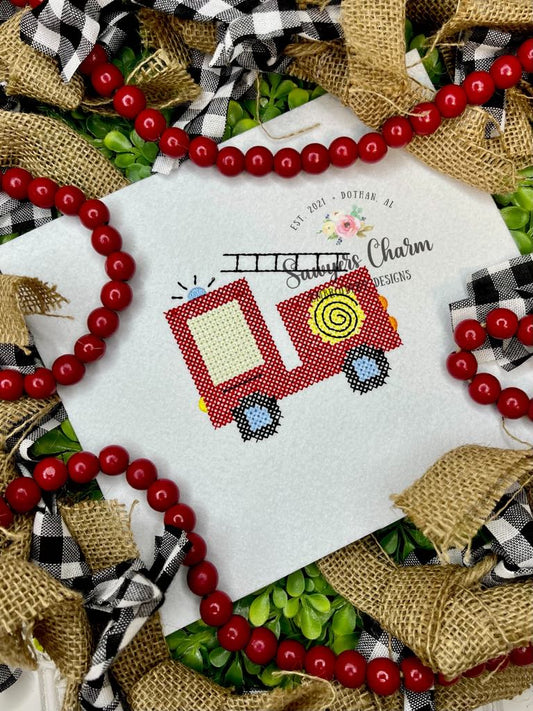 Firetruck cross stitch machine embroidery design file, vintage stitch, mini sizes included, firefighter truck