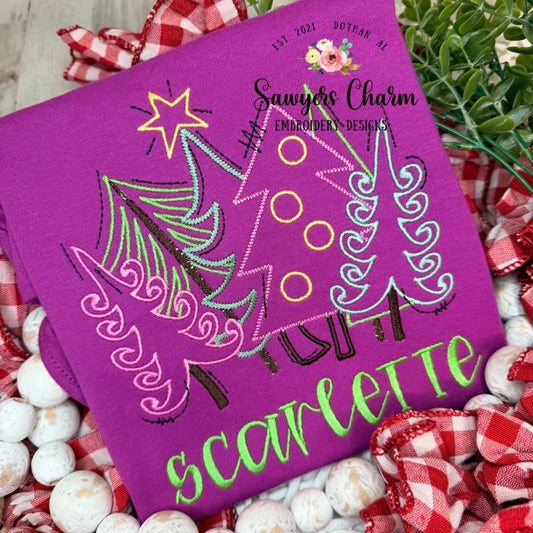 Whimsical, modern, woodland trees with star outline satin/zigzag stitch machine embroidery design, happy holidays, Merry Christmas, coquette