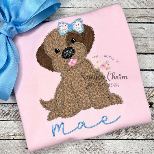 Puppy dog with coquette bow machine applique, embroidery design, Zigzag stitch