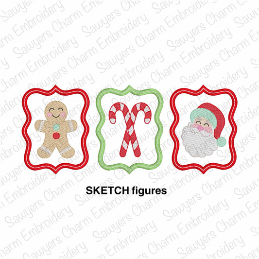 Christmas frames trio SKETCH stitch figures, machine embroidery design file, happy holidays, Gingerbread cookie, candy canes, Santa Claus