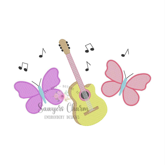 Butterflies & guitar trio, sketch stitch embroidery design, music notes, Country music singer