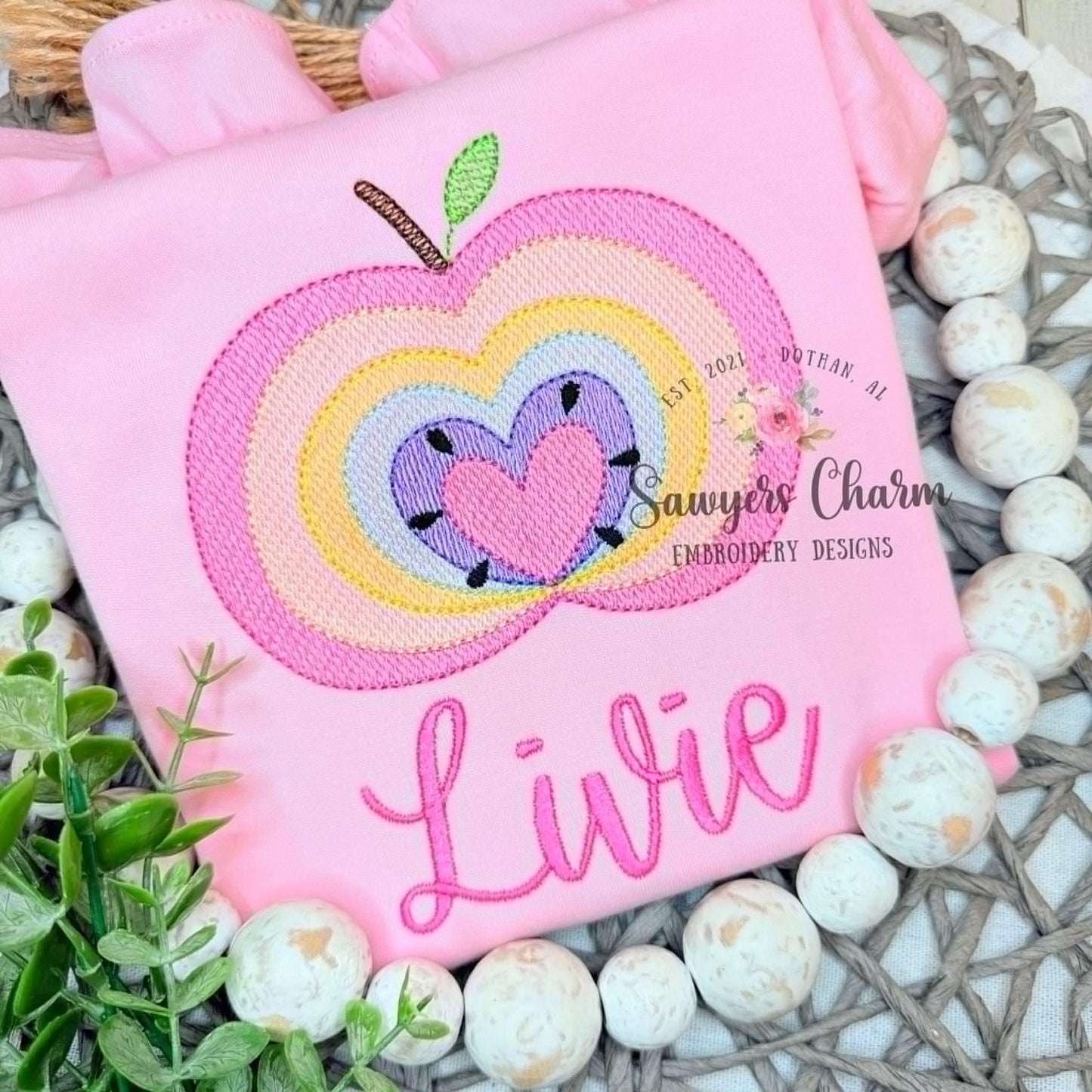 Rainbow apple with heart sketch stitch embroidery design, Back to School