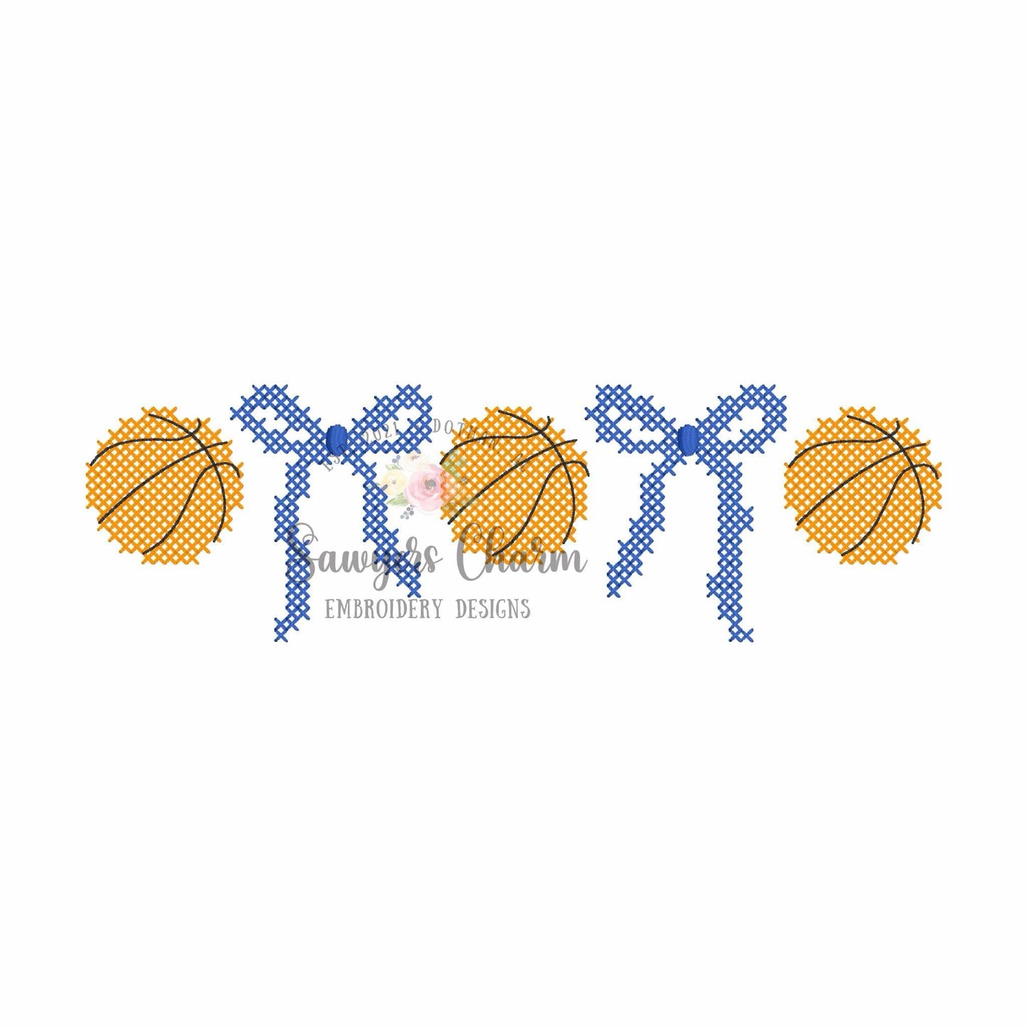 Trendy Coquette Bows & basketballs cross-stitch, machine embroidery design, Larger sizes included, perfect for sports fan/mom, cheer