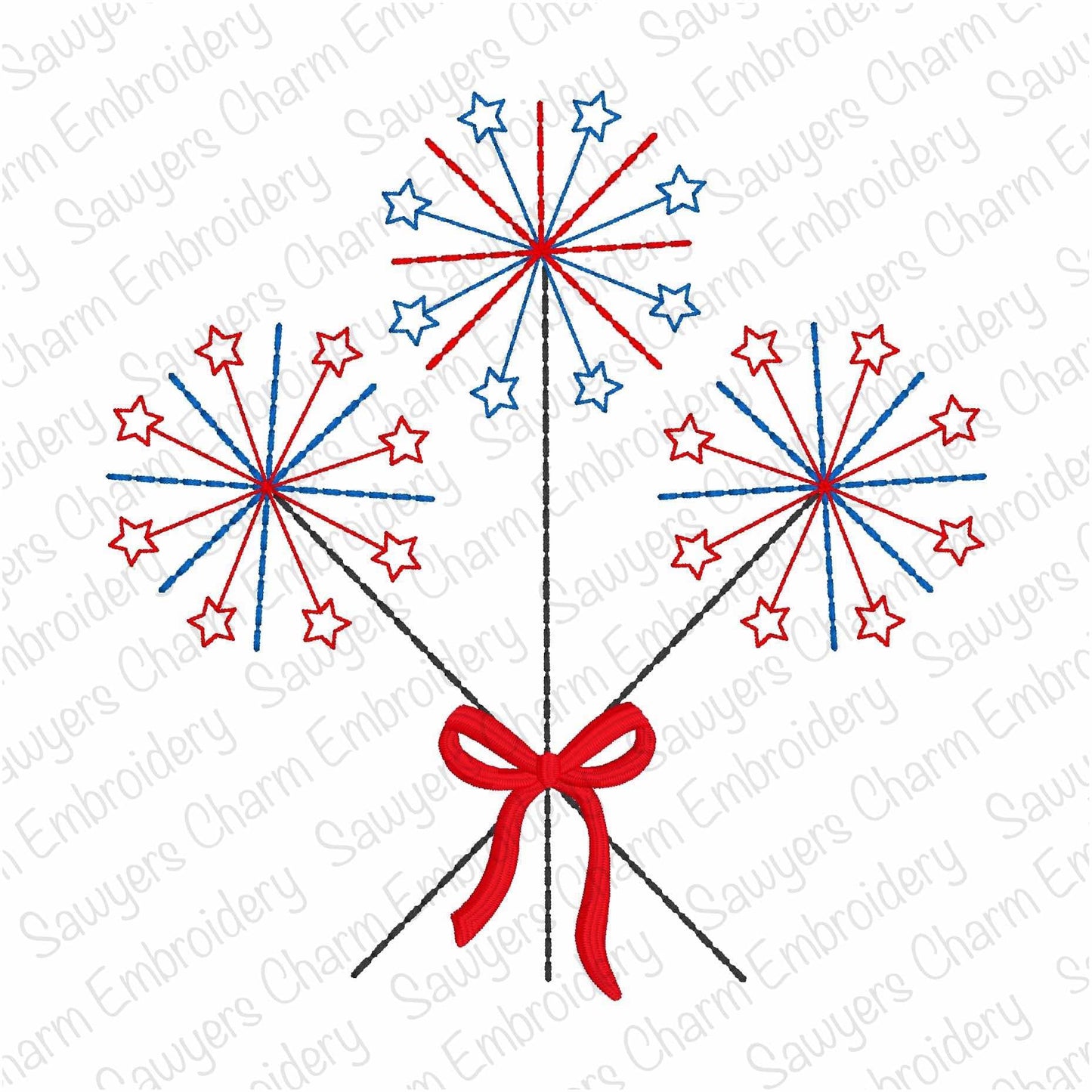 Sparklers bean stitch machine embroidery design BUNDLE, with/without coquette bow, patriotic, Fourth of July, summer