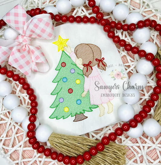 Little girl putting star on Christmas tree sketch stitch machine embroidery design, happy holidays, Merry Christmas, ornaments, coquette bow